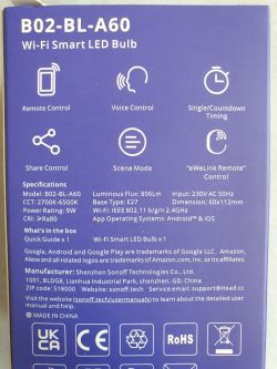 Packaging of a smart Wi-Fi LED bulb with remote control features.