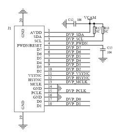 Camera sensor connection diagram with labeled DVP and power pins