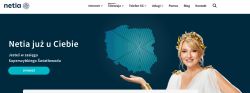 Strona internetowa Netii z napisem „Netia już u Ciebie” i grafiką Polski obok kobiety w białej sukni.