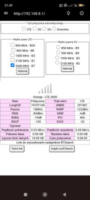 Zrzut ekranu z ustawieniami połączeń pasm LTE i 3G.