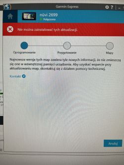 Zrzut ekranu z Garmin Express z błędem instalacji aktualizacji.