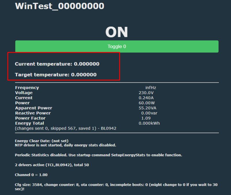 Screenshot of a device control interface showing ON state, temperatures at zero, and electrical parameters.