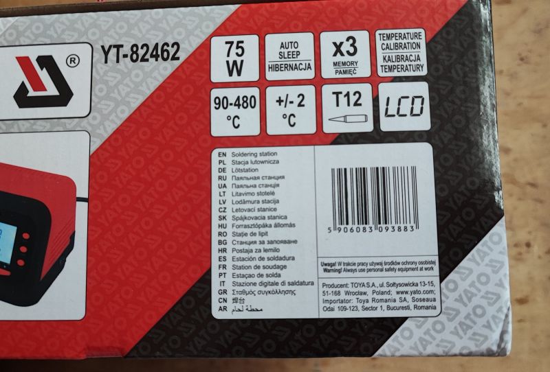 Opakowanie stacji lutowniczej Yato YT-82462 z danymi technicznymi i opisem funkcji.