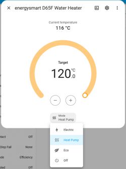 EnergySmart Water Heater Control Interface EnergySmart D65F water heater control interface displaying temperature and mode selection options.