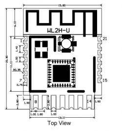 Top View of WL2H-U Module Top view of the WL2H-U IoT module with dimension and pin markings.