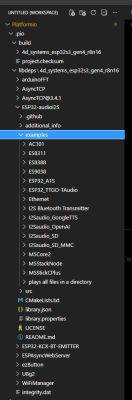 Project tree in PlatformIO showing ESP32-S3 audio library examples