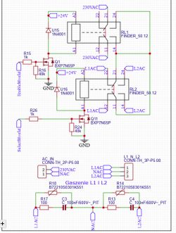 Schemat elektryczny z układem przekaźników i elementami tłumienia łuku.