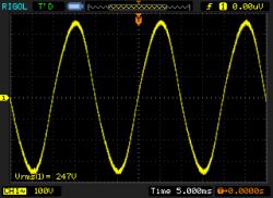 Sinusoidal Voltage Waveform on Oscilloscope Oscilloscope screenshot showing a sinusoidal voltage waveform.