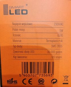 Packaging of SmartLed LED bulb with technical specifications.