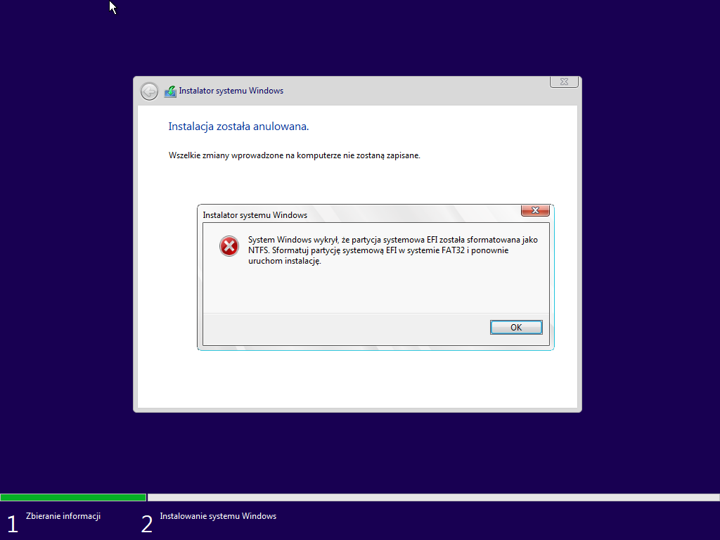 Komunikat o błędzie instalatora systemu Windows dotyczący partycji EFI sformatowanej jako NTFS.