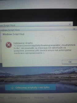 Komunikat błędu z Windows Script Host z powiadomieniem o potencjalnym wirusie.