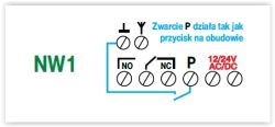 Schemat zacisków NW1 z opisem: zwarcie P działa jak przycisk na obudowie