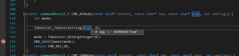 Screenshot of a code editor showing the CMD_ACMode function fragment with the variable 'args' highlighted in Tokenizer_TokenizeString(args, 0).