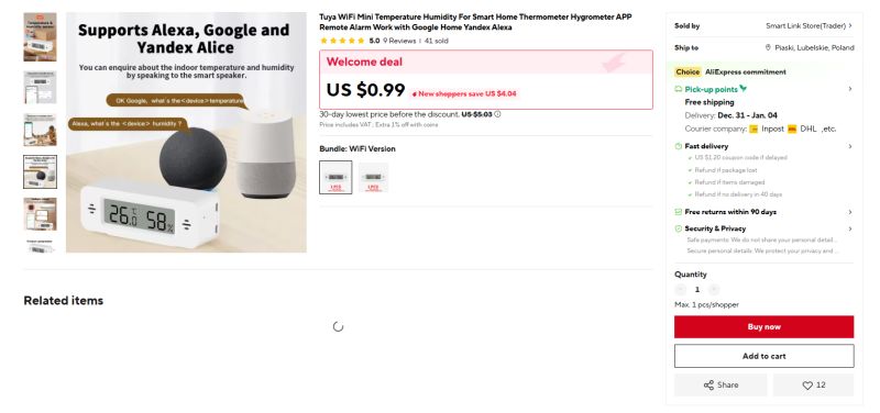 WiFi thermometer and hygrometer supporting Alexa, Google, and Yandex Alice