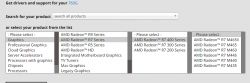 Zrzut ekranu strony AMD z wyborem produktów, w tym opcji dla serii kart graficznych Radeon R7.