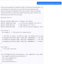 MCP23017 Register Configuration with Pull-up Resistor Activation A C++ code snippet showing MCP23017 register configuration with pull-up activation.