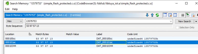 Screenshot of a memory analysis program with search results for a hexadecimal byte sequence.