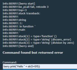 Screenshot showing a division by zero error in the Berry interpreter after trying to execute print(Hello + str(5+0/0)).