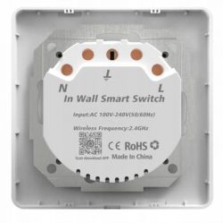 Interior of a Schuko Smart Wall Socket Schuko-type smart wall socket interior, showing terminals L and N, and device markings.