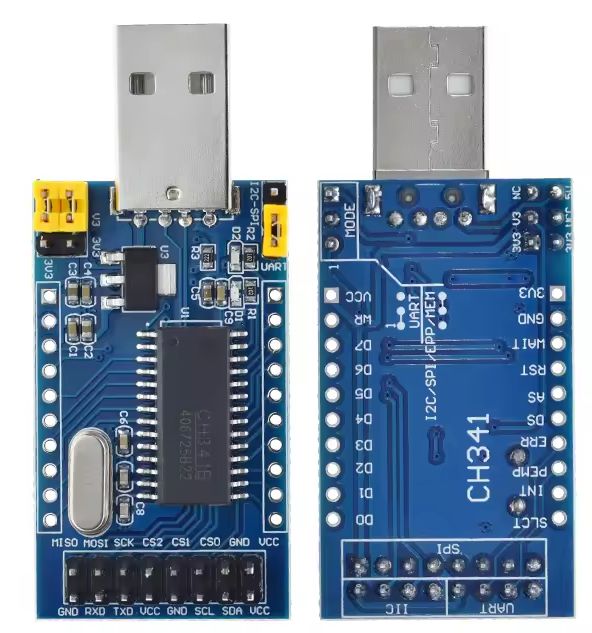 USB CH341A programmer module with front and back views.