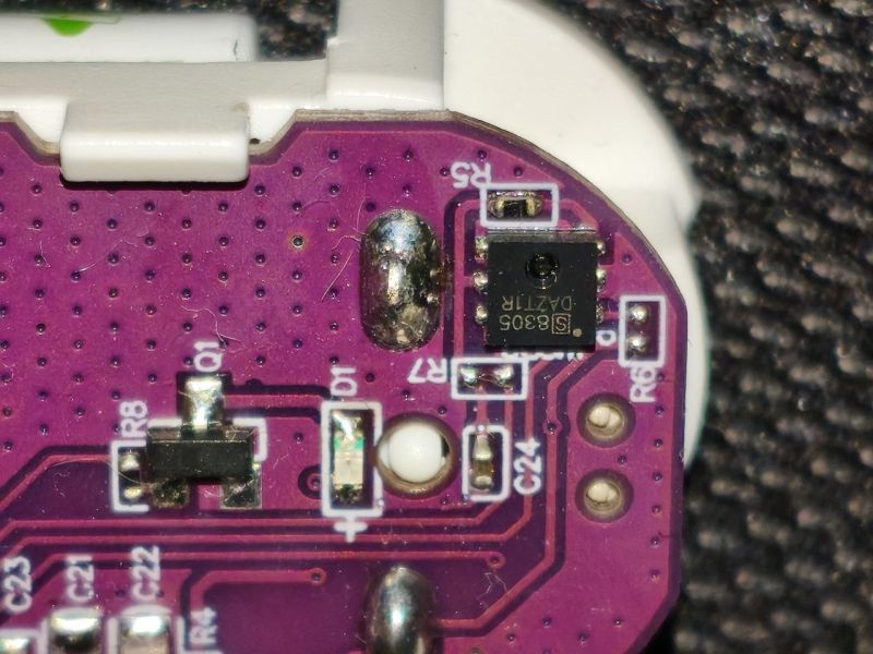 Close-up of a PCB with CH8305 sensor and SMD components