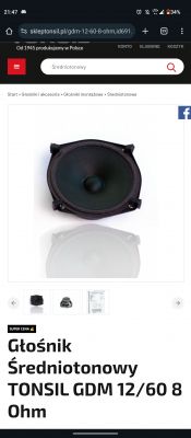 Zrzut ekranu ze sklepu internetowego z głośnikiem średniotonowym TONSIL GDM 12/60 8 Ohm.