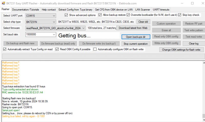 Screenshot of BK7231 Easy UART Flasher program with errors during firmware read and write attempts.