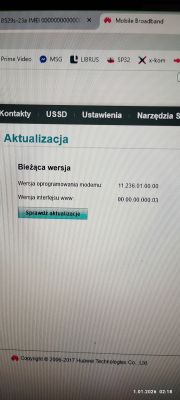 Ekran aktualizacji modemu Huawei z wymazanym numerem IMEI i wersją 00.00.00.000.03