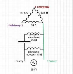 Schemat elektryczny połączenia silnika z oznaczeniami przewodów i wartościami rezystancji.