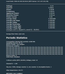 Screenshot of an energy monitoring dashboard with voltage/current/power readings and a “Periodic Statistics” section.