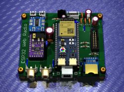 Single-sided ESP32 Web Radio PCB with PAM8403 amplifier and electronic components.