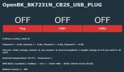 Web interface of OpenBK_BK7231N_CB2S_USB_PLUG controller displaying device status information.