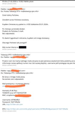 Zrzut ekranu z korespondencją e-mail o problemach z usługą „Telewizja IPTV” i braku odpowiedzi