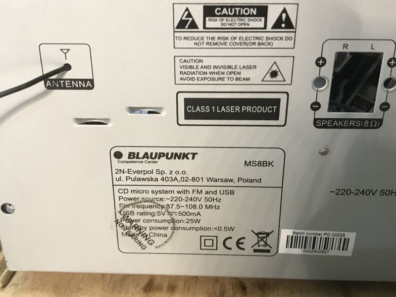 Rear label of Blaupunkt MS8BK micro system with power and model information