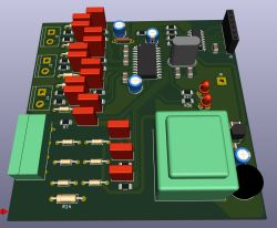 Wizualizacja 3D płytki PCB z elementami elektronicznymi, w tym kondensatorami, rezystorami, złączami oraz dużym zielonym transformatorem.