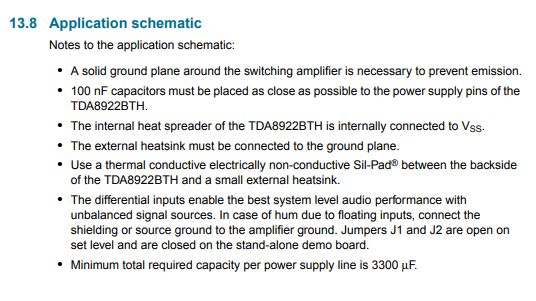 Schemat aplikacyjny układu wzmacniacza audio TDA8922BTH