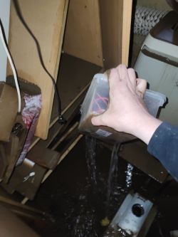 Flooded storage area with water pouring from a plastic container held by a person.