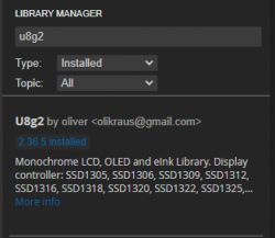 Screenshot of library manager with the U8g2 library highlighted in version 2.36.5.