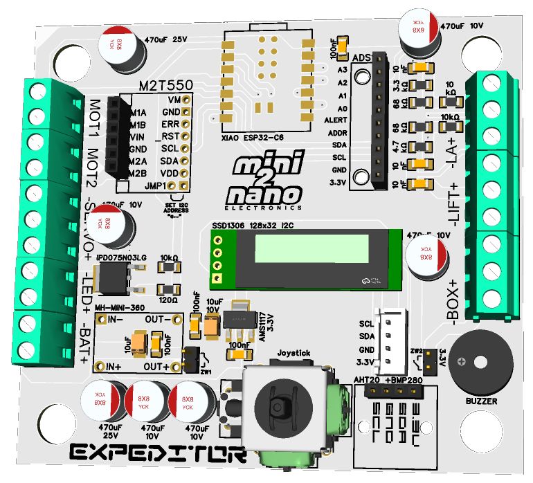EXPEDITOR robot control PCB with ESP32C6, joystick, and OLED display