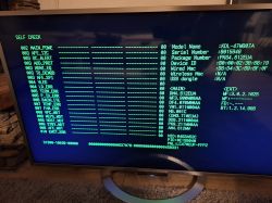 Ekran telewizora w trybie serwisowym pokazujący testy i informacje systemowe.