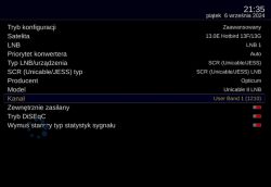 Ekran konfiguracji satelitarnej z informacjami o ustawieniach LNB i DiSEqC.