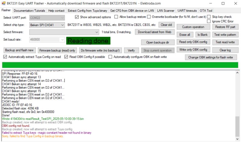 BK7231 Easy UART Flasher interface with “Reading done” message