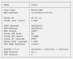 Technical data of the RTL8710BN module with memory addresses and flash settings.