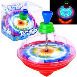 Colorful Peg Top toy in packaging and spinning with lights.