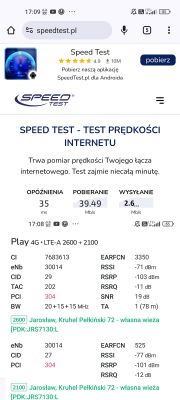 Ekran wyników testu prędkości internetowej na stronie Speedtest.pl z danymi sieci komórkowej Play 4G LTE-A.