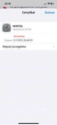 Zrzut ekranu z informacją o niezaufanym certyfikacie na urządzeniu mobilnym.