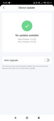 Tuya Device Update Screen Device update screen with a message indicating no updates available.