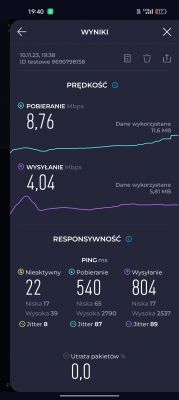 Internet speed test results in an application.