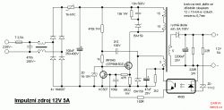 Schemat przetwornicy impulsowej 12V 5A z elementami elektronicznymi.