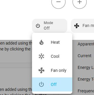 Device mode selection panel with options: Heat, Cool, Fan only, and Off.